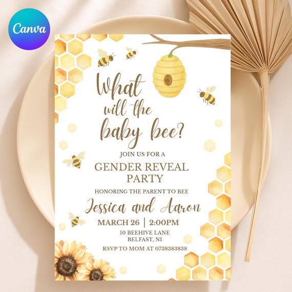 What Will the Baby Bee Invite | Bee Gender Reveal Invitation | Editable Canva Template | Digital Download | Sunflower Bee Baby Shower