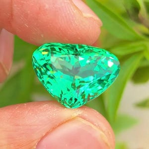 Può includere: Una gemma verde brillante, sfaccettata a forma di cuore, è tenuta tra due dita. La gemma ha molte superfici riflettenti, che catturano la luce. Sullo sfondo è visibile un fogliame verde.