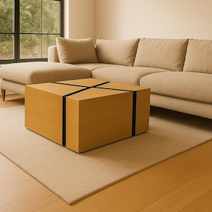 Peut inclure: Salon moderne avec un canapé d'angle marron clair, une table basse carrée en bois avec des détails noirs et un tapis de couleur neutre. La pièce a un parquet et une grande fenêtre.