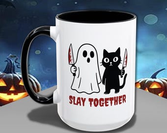 Black Cat Ghost Slay Together Mug, Halloween Cat Mug, Spooky Coffee Cup, Cat Lover Gift, Ghostly Cat Design, Black Cat Gift