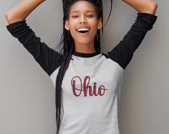 Cursive Plaid Ohio State Buckeyes Inspired Football Sport Three Quarter Length Sleeves, Tailgate Shirt, OSU Game Day Graphic Jersey Tee