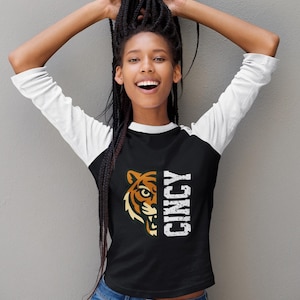 Cincy Three Quarter Length Sport Raglan Tee, Cincinnati Bengals, Ohio Football Fan Gift, Tailgate and Gameday Shirt