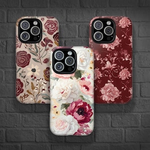 Funda floral vintage moderna para iPhone, carcasa brillante en color burdeos y rosa para iPhone y Google Pixel, elegante funda protectora, el producto más vendido.