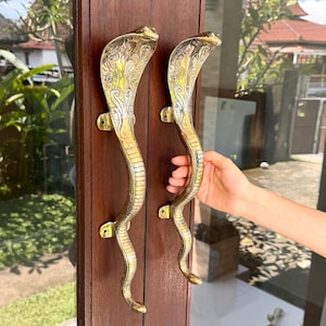 May include: Two ornate, golden cobra-shaped door handles mounted on a dark wooden door. The handles are detailed with etched patterns and a textured finish. The door is next to a glass window with a view of lush greenery.