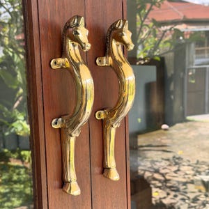 May include: Two brass door handles, each shaped like a horse. The handles are mounted on a dark wooden door. The horse heads face upward, with curved bodies forming the handle shape. The brass has a polished, golden finish.