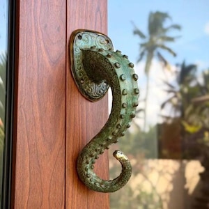 May include: A door handle shaped like an octopus tentacle with a weathered green patina finish. The handle features a curved, textured design with raised suckers along its length and is mounted on a decorative, ornate metal backplate.
