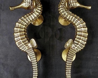 Brass Seahorse Door Pull 11 inches Coastal Entry Handle Nautical Door Hardware set of 2