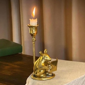 Brass Mouse Candleholder Whimsical Handcrafted Magical Bookish Decor Mystical Figurine Cozy Home Accent Fantasy Gift for Readers