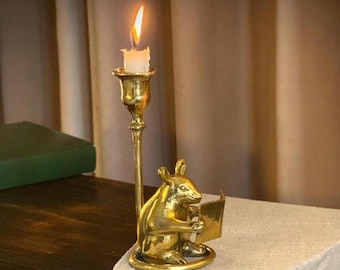 Brass Mouse Candleholder Whimsical Handcrafted Magical Bookish Decor Mystical Figurine Cozy Home Accent Fantasy Gift for Readers