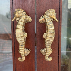 May include: Two ornate, brass-colored seahorse door handles mounted on dark brown wooden doors. The seahorses are detailed with textured scales and fins, and are attached to the door with decorative plates. The handles are a unique and stylish accent.