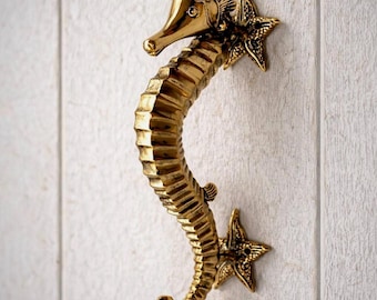 Brass Seahorse Door Handle Coastal Door Pull Nautical Hardware Beach House Cabinet Handle Marine Decor