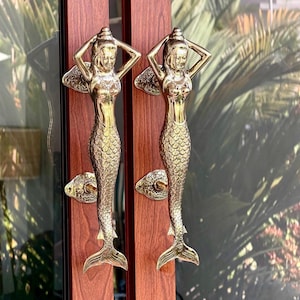 Brass Mermaid Door Handles Double Door Pulls Polished Gold Mermaid Handle Beach House Gift
