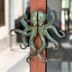 Brass Octopus Door Handle Set Luxury Coastal Decor Nautical Door Pull Pair Designer Hardware Beach House Statement Piece