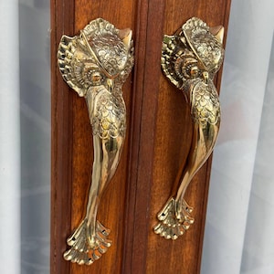 May include: Two polished brass door handles shaped like owls, mounted vertically on a dark brown wooden door frame. Each handle features detailed feather textures on the owl's head and body, with a flared tail design at the bottom end.