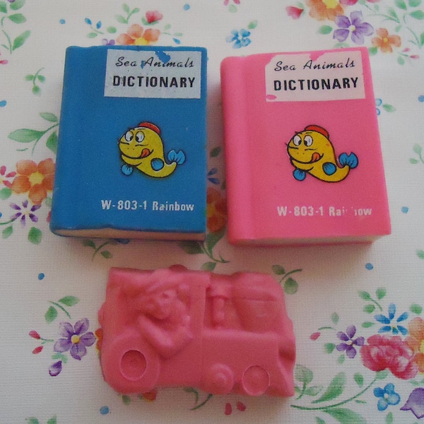 Three 80s Cute Erasers.Dictionary and Train