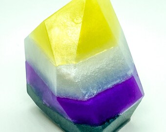 Non binary yellow, white, purple and black crystal shaped soap, modern vegan bar soap, luxe bath soap, modern bath