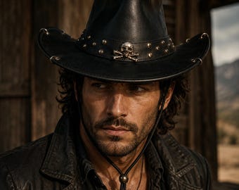Black Leather Skull Pirate Hat – Buccaneer Cowboy Hat, Gothic Cosplay Headwear
