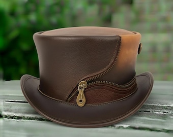 Steampunk Leather Top Hat with Zipper – Victorian Gothic Cosplay Festival Costume Hat