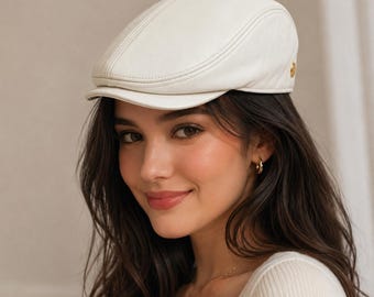 White Leather Flat Cap – Vintage Ivy Driving Cap, Peaky Style Hat for Men Women