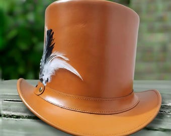 Orange Leather Steampunk Top Hat with Feather – Victorian Cosplay Costume Hat