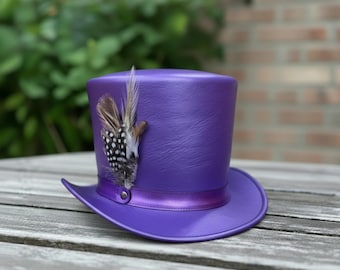 Purple Leather Top Hat – Handmade Steampunk Victorian Gothic Hat for Cosplay, Festival & Wedding