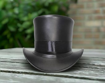 Black Leather Top Hat, Victorian Steampunk Design, Gothic Cosplay Hat for Festivals and Events