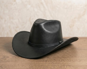 Black Leather Cowboy Hat – Western Outback Rodeo Ranch Hat for Men Women
