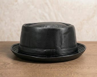 Black Leather Pork Pie Hat – Vintage Fedora Gangster Hat