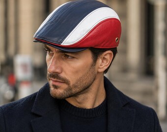 Black White Red  Leather Flat Cap – Mens Vintage Newsboy Ivy Driving Cap, Peaky Style