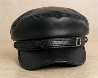 Black Leather Greek Fisherman Cap, Handmade Captain Fiddler Hat