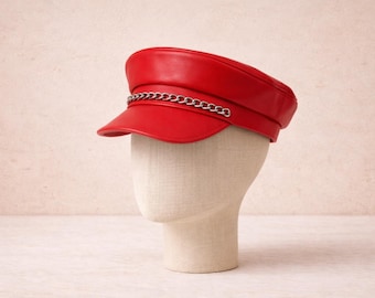 Red Leather Cap with  Chain – Handmade Biker Military Hat