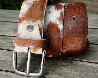 Cinturón de piel de vaca con pelo: cinturón vaquero de rodeo occidental hecho a mano para hombres y mujeres.