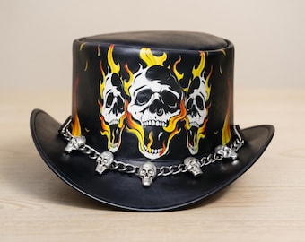 Sombrero de copa de cuero negro con calavera – Sombrero de motociclista gótico con llamas, cosplay steampunk para festivales