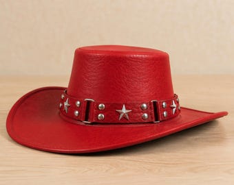 Red Leather Cowboy Hat, Handmade Western Rodeo Ranch Hat