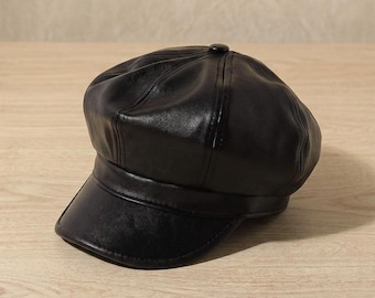 Black Leather Baker Boy Cap – Vintage Newsboy Gatsby Hat