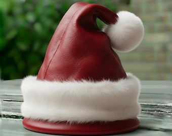May include: A red Santa hat with a white fur trim and a white pom-pom. The hat is made of a smooth, leather-like material. The hat is a festive holiday accessory.