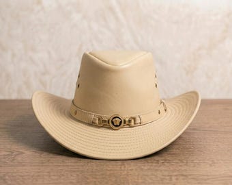 Beige Leather Cowboy Hat – Western Rodeo Ranch Hat, Outback Style Gift For Him