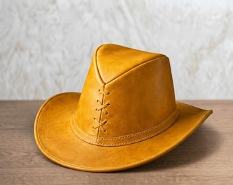 Tan Leather Cowboy Hat, Handmade Vintage Western Ranch Style Gift For Him