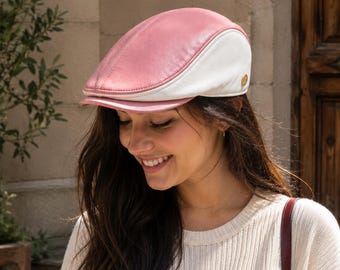 Leder Schiebermütze: Vintage Pink Weiß, Efeu Schiebermütze Golf Cap