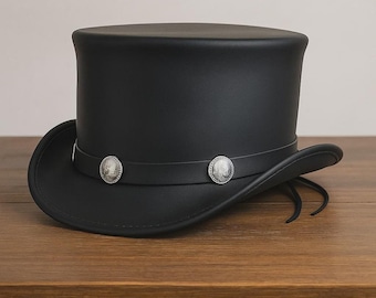 Black Leather Top Hat – Handmade Steampunk Victorian Gothic Wedding Festival Cosplay Gift
