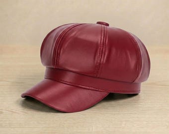 Red Leather Baker Boy Cap – Vintage Newsboy Hat, Cabbie Fashion Cap