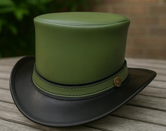 Handmade Green & Black Leather Top Hat – Steampunk Victorian Gothic Cosplay Festival Hat