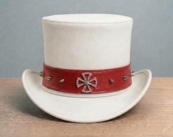 White Leather Steampunk Top Hat with Studded Band – Gothic Cosplay Hat