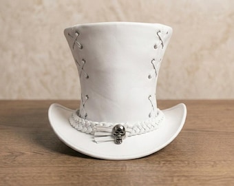 White Leather Steampunk Top Hat with Skull Band, Gothic Victorian Costume Hat