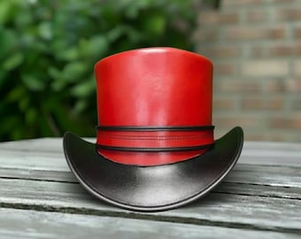 Roter Lederhut – Handgefertigter Steampunk Cosplay Hut mit schwarzem Krempenband