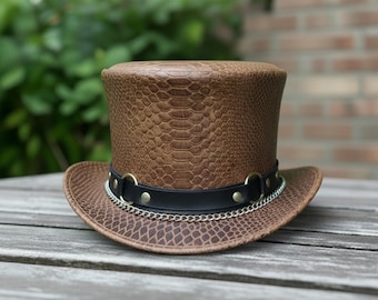 Steampunk Brown Leather Top Hat – Handmade Victorian Gothic Festival Cosplay Hat