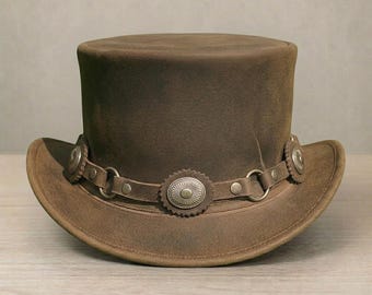 Distressed Brown Steampunk Leather Top Hat – Western Vintage Hat with Concho Band