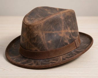 Zniszczony brązowy skórzany kapelusz fedora, vintage'owy kapelusz trilby w stylu western, prezent podróżny