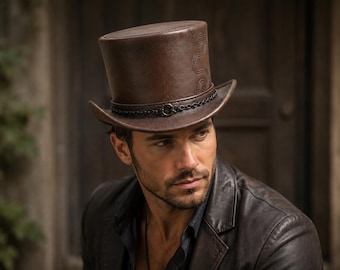 Brown Leather Steampunk Top Hat with Chain Band – Gothic Victorian Hat