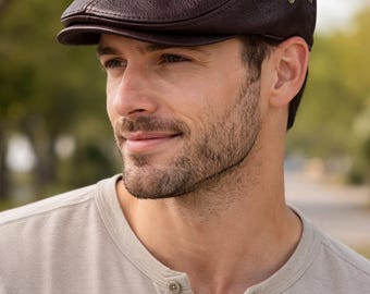 Men Genuine Brown Leather Flat Cap – Vintage Ivy Newsboy Driving Hat
